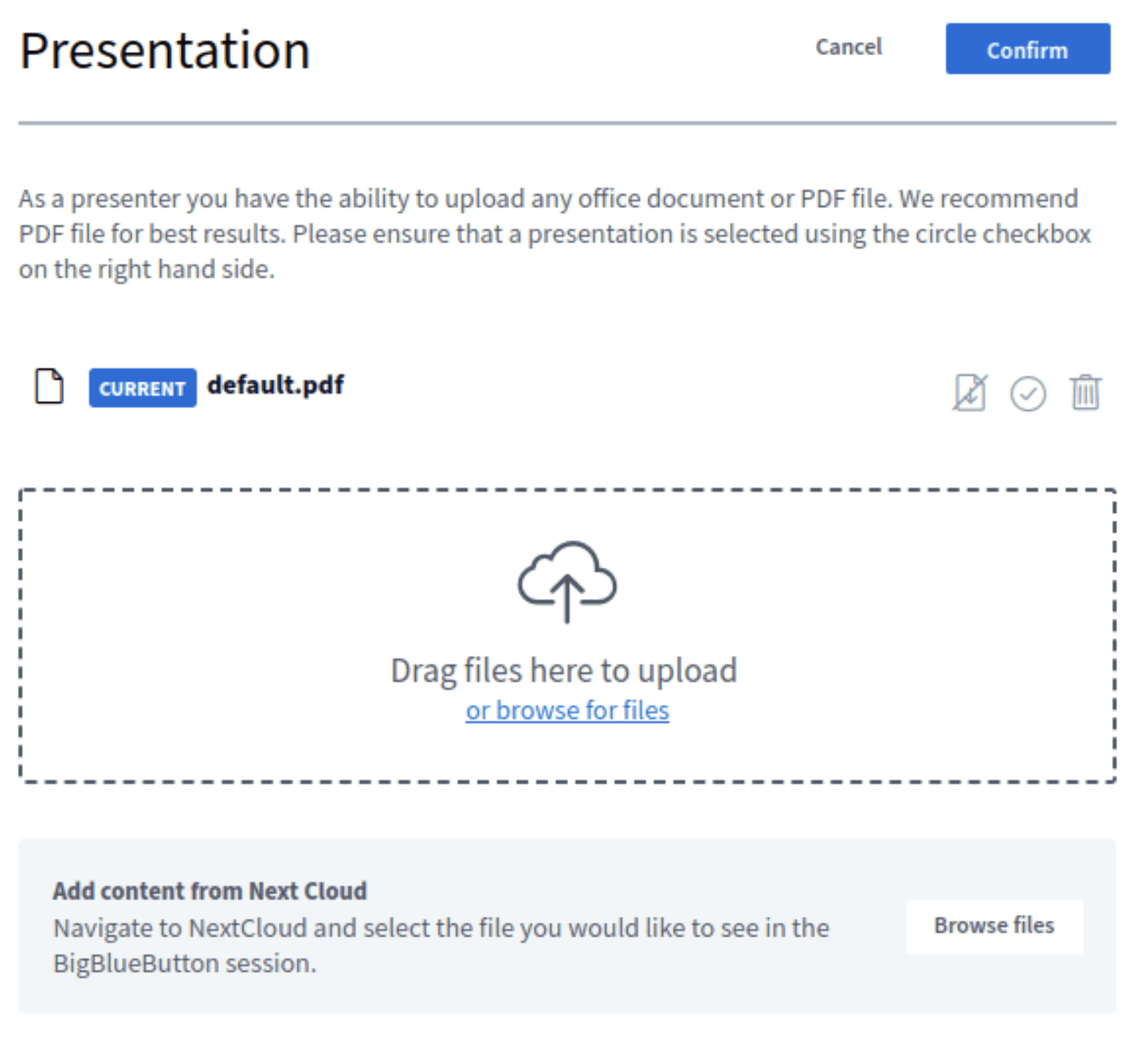 Upload presentation modal with next cloud message