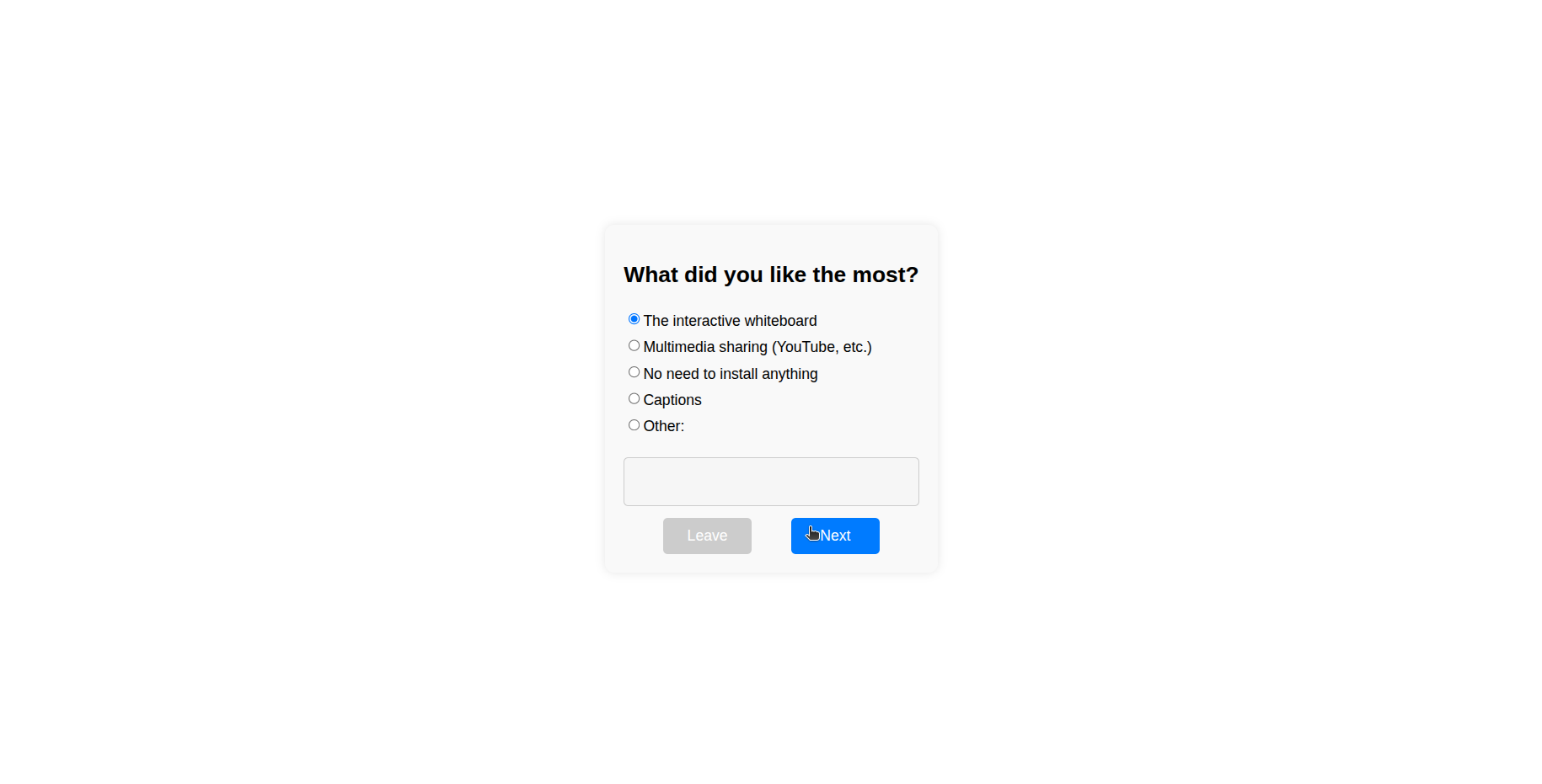second screen of the default custom feedback experience