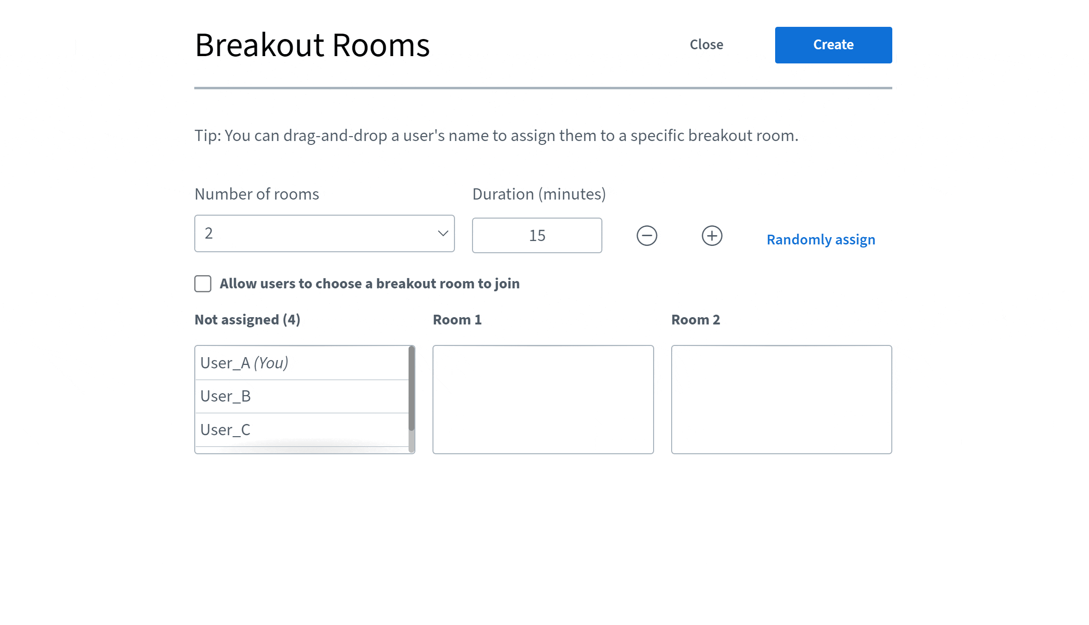 Animated image showing assignment of users to different rooms