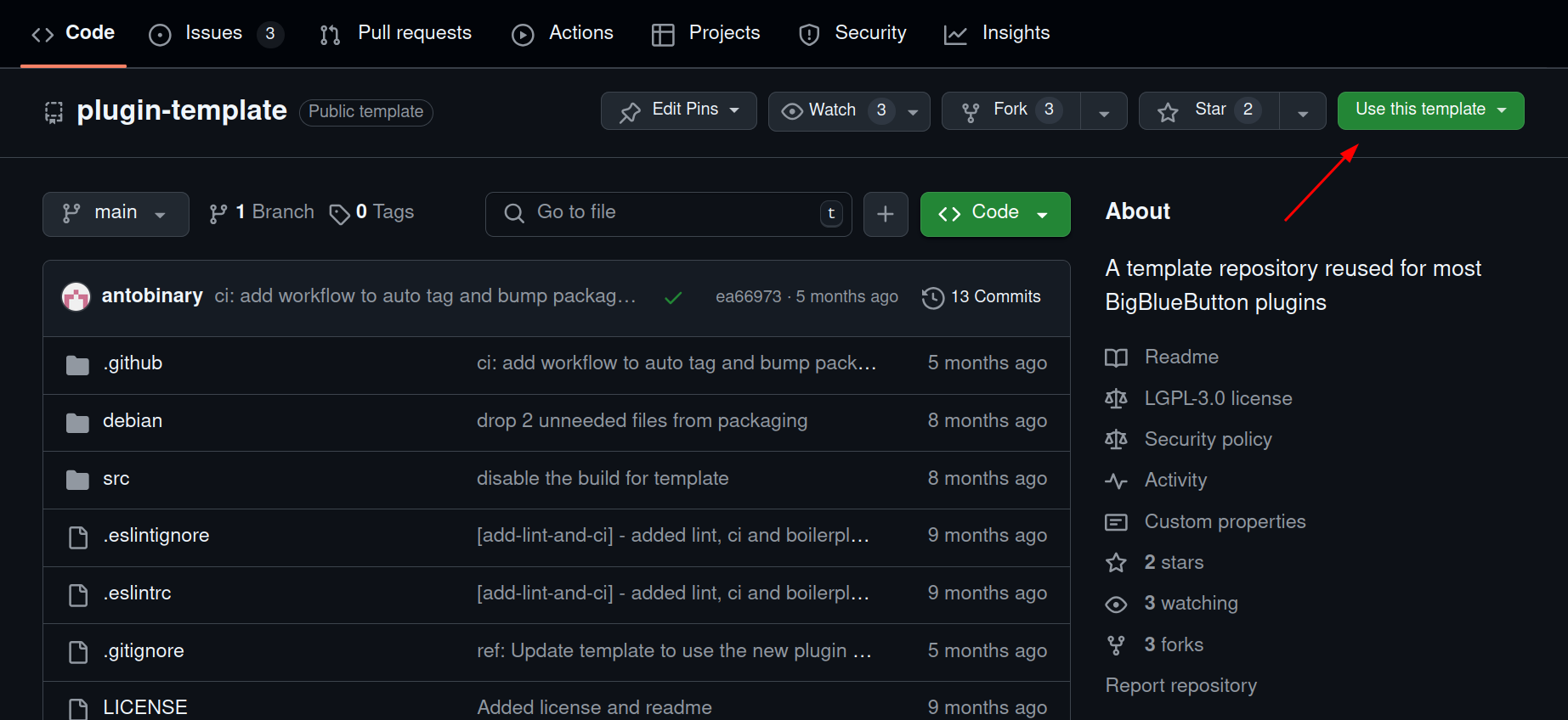 Plugin template GitHub page showing where to click